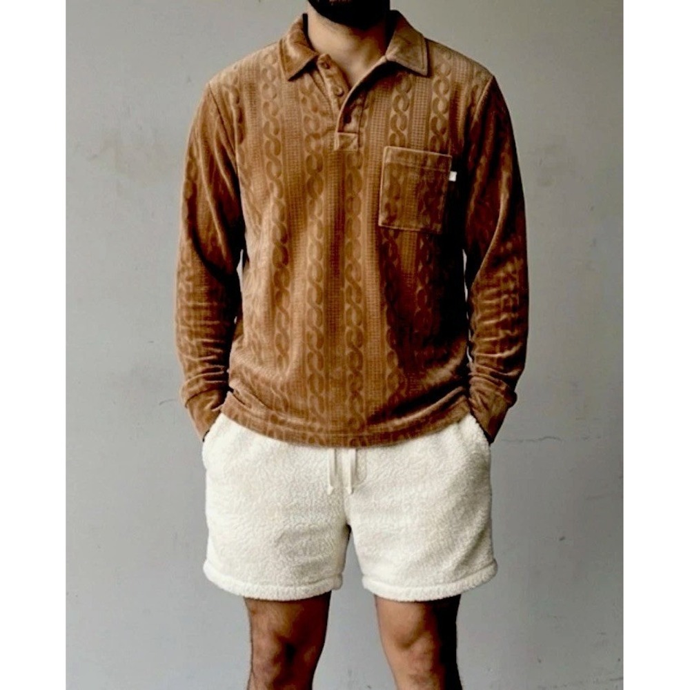 Standard Cloth UO Velour Cable Knit Long Sleeve Polo Brown Velvet Retro Small